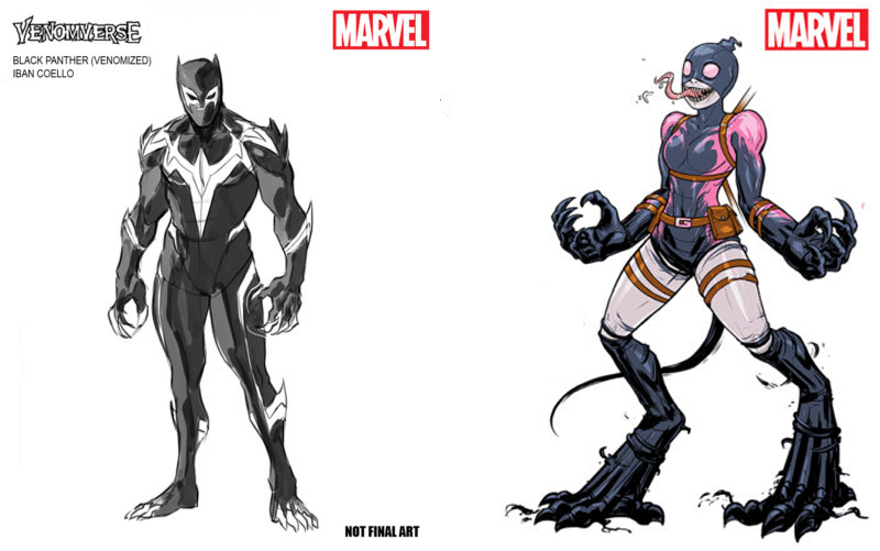 Black Panther Venom concept by Iban Coello, Gwenpool Venom concept by Irene Strychalski